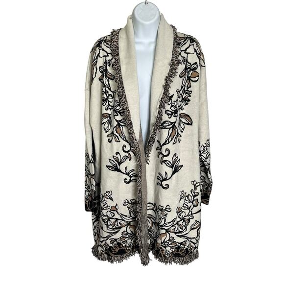 Chico’s Fringe Open Cardigan 3 / XL Boho Jacquard Floral Print Pockets Cozy Chic - Picture 1 of 9
